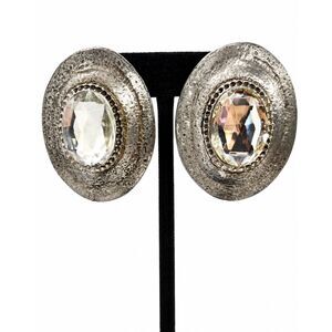 VINTAGE MODERNIST EARRINGS Brutalist Clip On Faceted Glass Artisan Pewter Tone